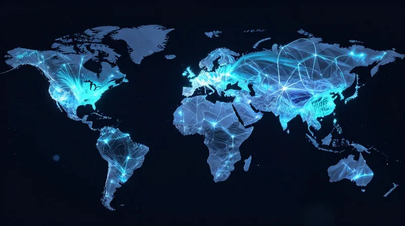 Abstract technology visualization of a glowing network spreading from a central hub across a global map, representing innovation.