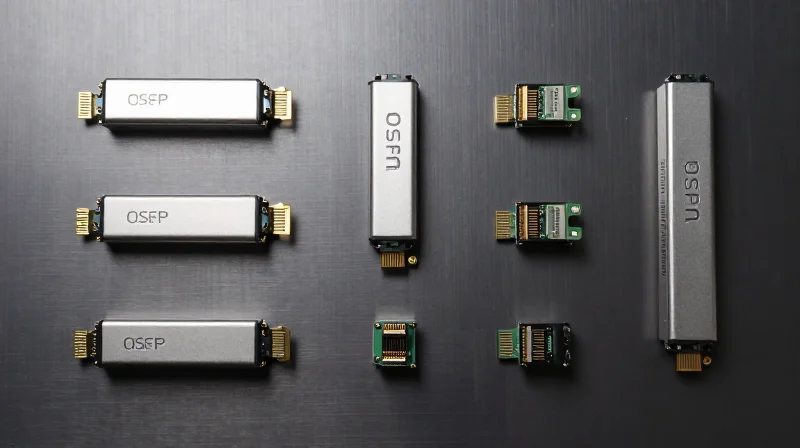A top-down collection of various networking transceivers including SFP and QSFP modules neatly arranged.