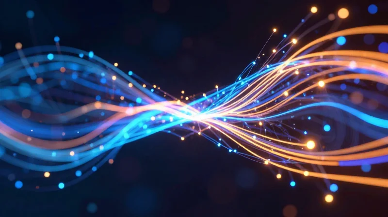 Abstract visualization of glowing fiber optic streams representing heat dissipation and signal efficiency.