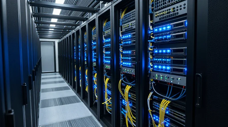 Interior shot of a high-density data center with server racks and glowing network cables.