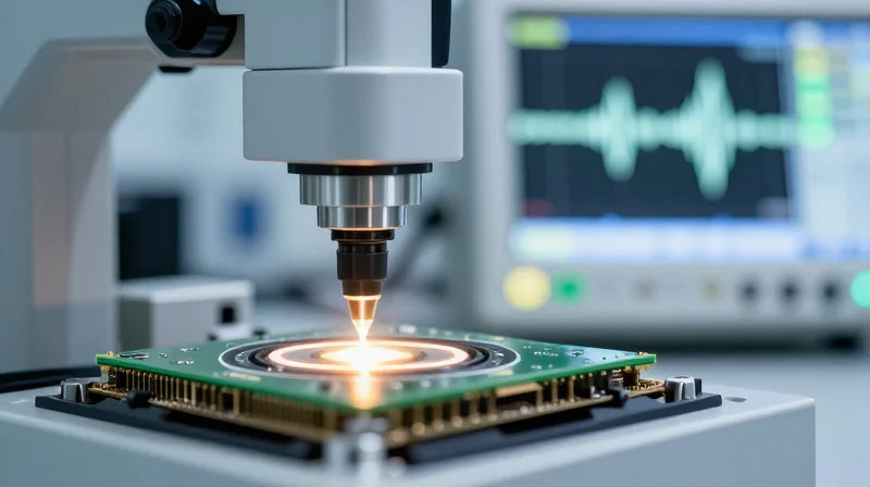 A close-up view of an optical transceiver being tested with high-precision laboratory equipment.