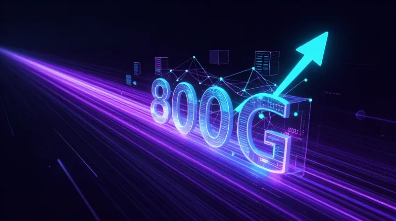 Futuristic abstract nodes and light trails representing 800G high-bandwidth network architectures.
