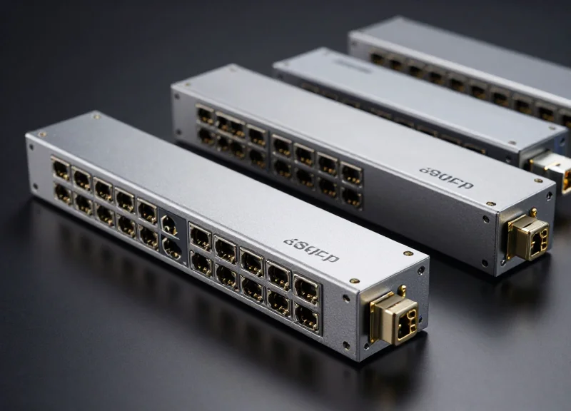 A group of professional-grade optical transceiver modules for fiber optic networking, showcasing metallic industrial design and precision connectors on a clean background.