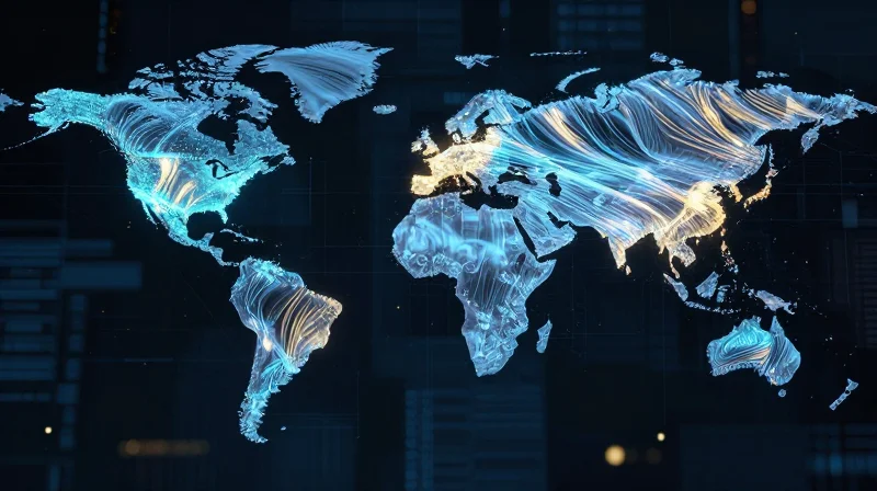 The Evolution of the Global Optical Module Market Abstract digital data visualization showing a shift in global tech manufacturing leadership with glowing light trails.