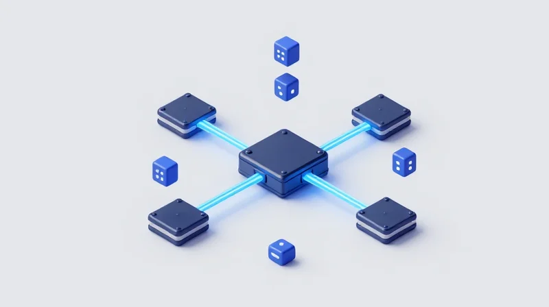 Compatibility and Multi-Vendor Interoperability An isometric 3D illustration of a network switch hub with multiple modules connected by glowing lines.