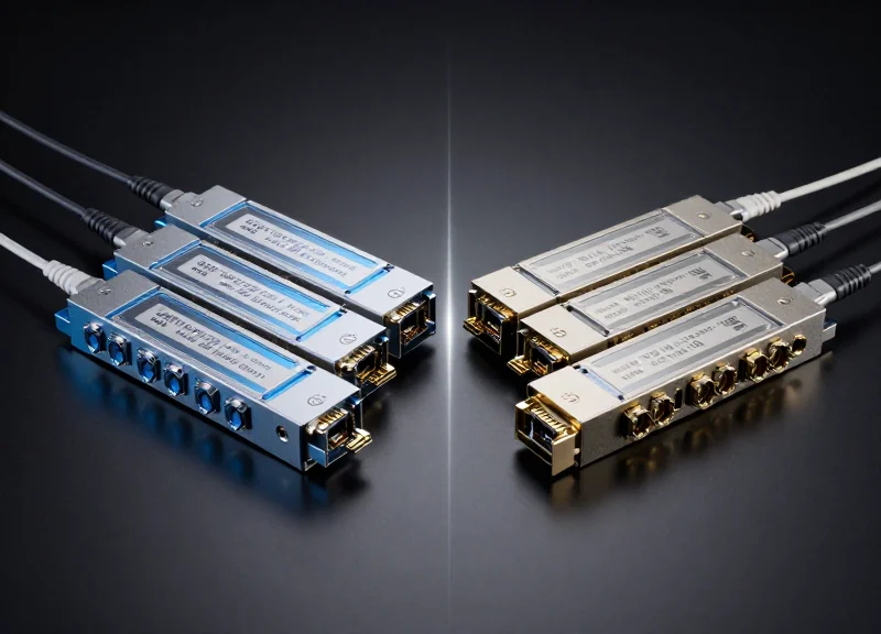 Professional side-by-side comparison of various fiber optic transceiver modules on a dark reflective surface with cinematic lighting.