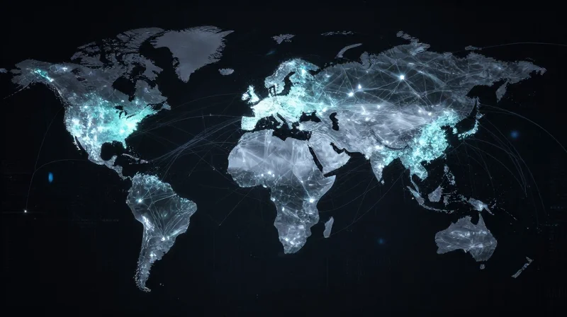 Abstract digital map showing China as a central hub for a global network of glowing data connections.