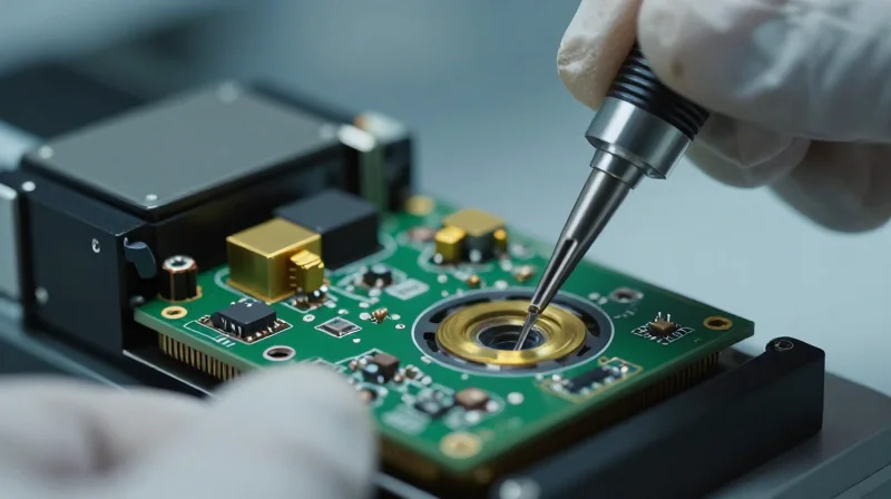 Macro photography of an optical transceiver being assembled with high-precision tools in a clean laboratory.