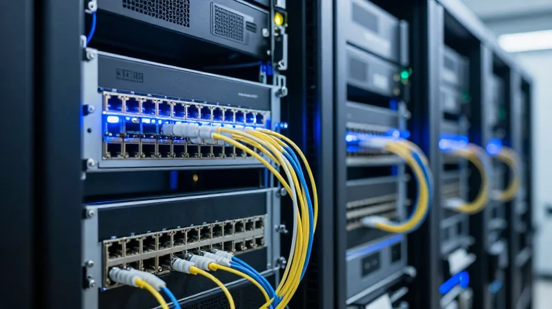 Networking hardware racks with many optical modules and fiber optic cables connected for compatibility testing.
