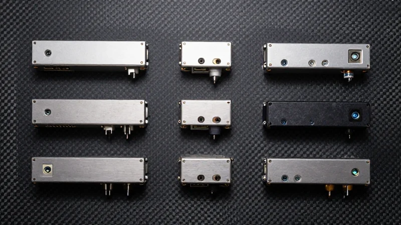 A flat lay collection of various optical modules including SFP+, QSFP28, and 800G models arranged neatly.