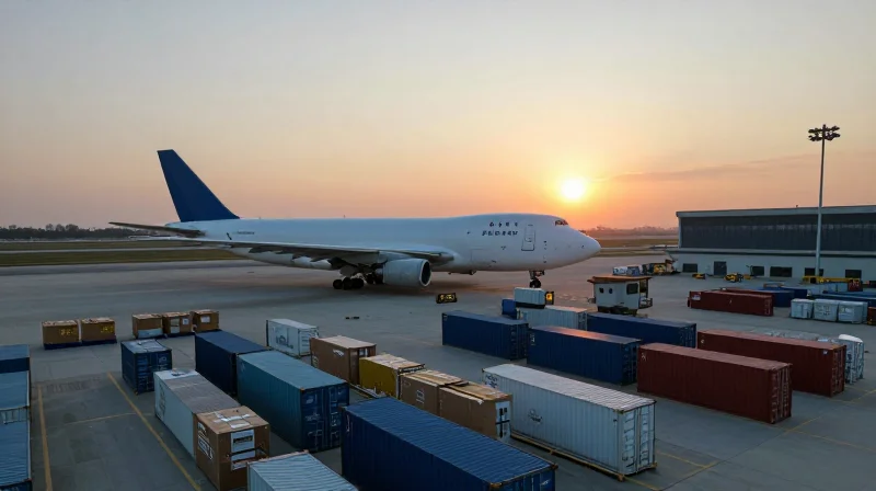A large cargo aircraft at sunset being loaded with industrial boxes, representing global supply chain delivery.