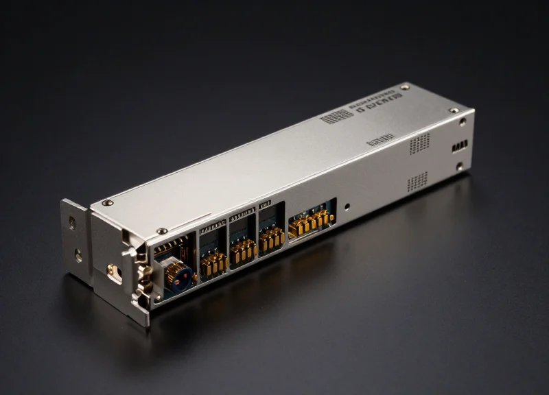 Close-up of a premium metallic optical transceiver module with gold connectors on a dark professional background.
