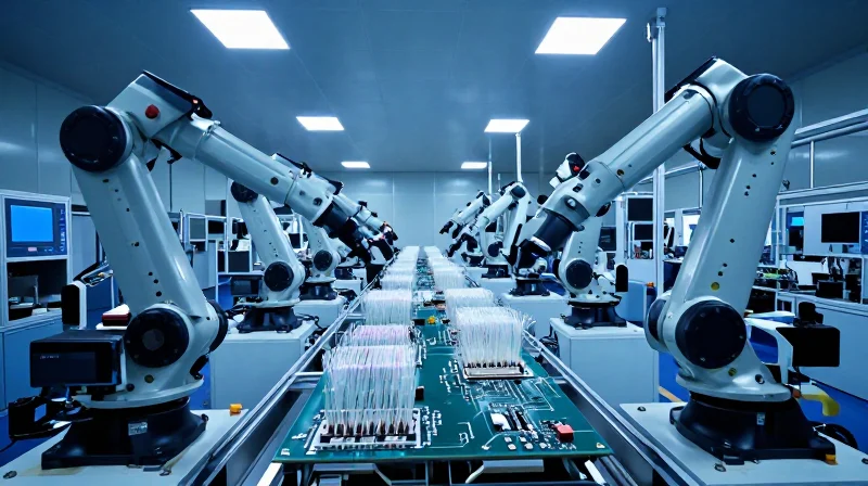 A high-tech automated optical module assembly line in a cleanroom factory setting in China.
