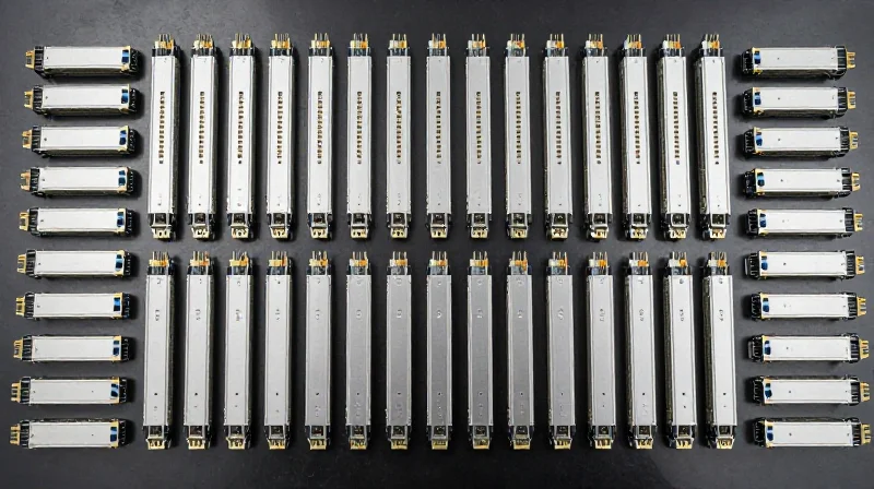 A large collection of optical transceivers neatly arranged in a grid pattern to represent wholesale scale.