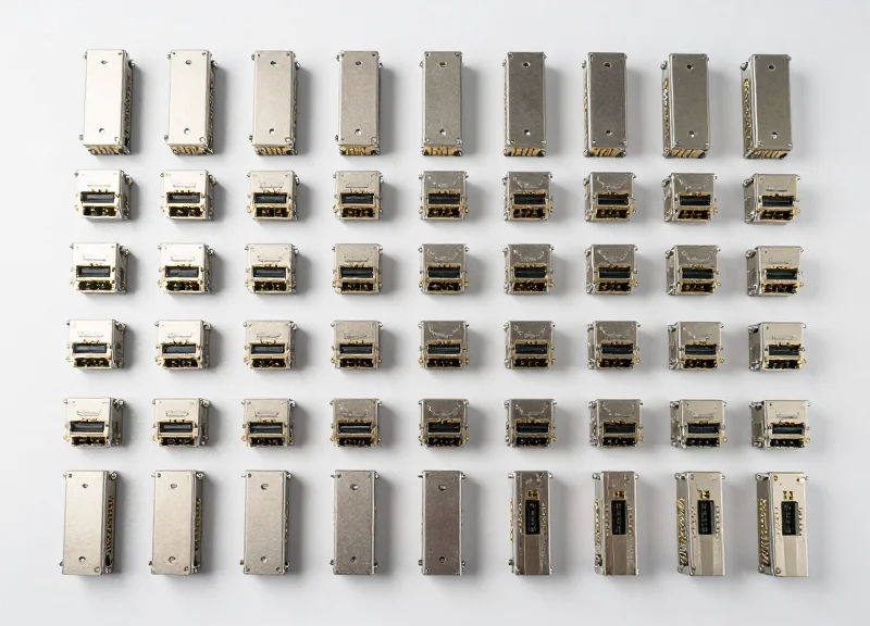 A high-angle flat lay view of multiple fiber optic transceiver modules neatly arranged in rows on a clean industrial surface.