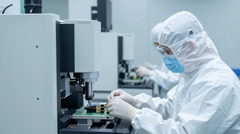 Photorealistic image of a professional electronics cleanroom with technicians working on automated assembly lines.