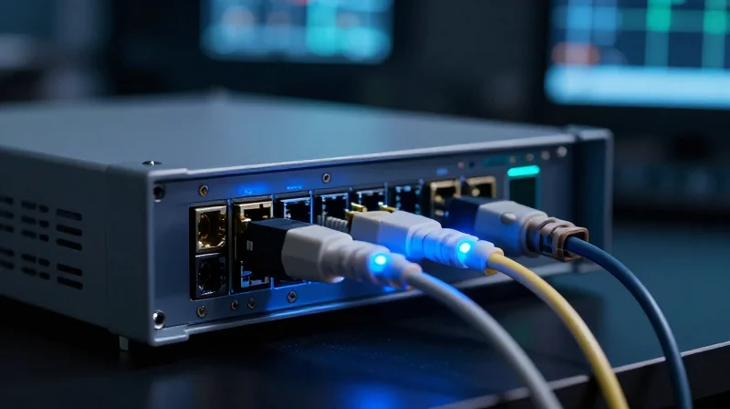 Close-up of an optical transceiver being tested in a lab environment with glowing fiber optic cables.