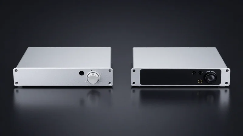 Side-by-side comparison of two sleek optical transceivers on a professional dark background.