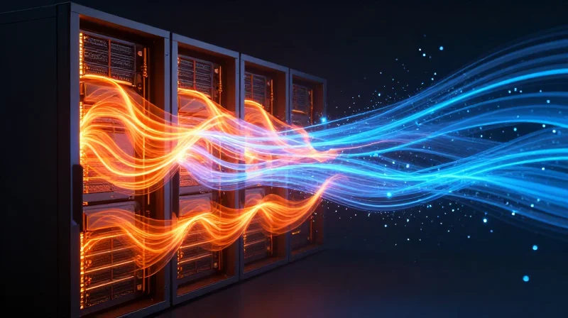 Abstract visualization of thermal efficiency and energy flow in a data center environment.