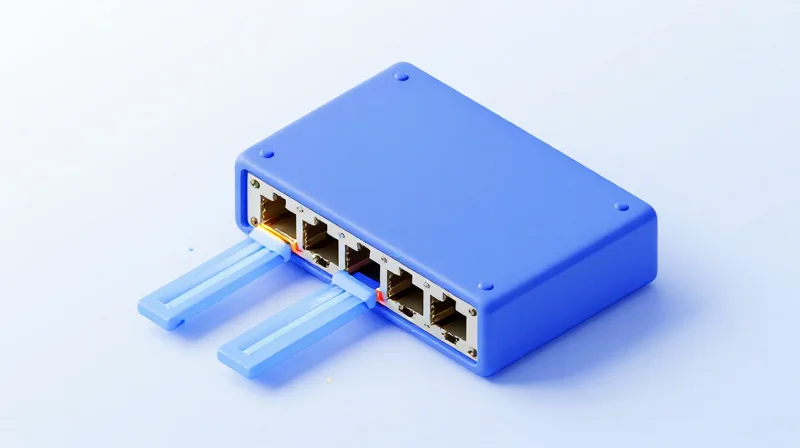 Isometric 3D model of an optical transceiver being inserted into a network switch port.
