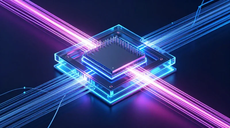 Futuristic visualization of high-speed silicon photonics and laser light data transmission.