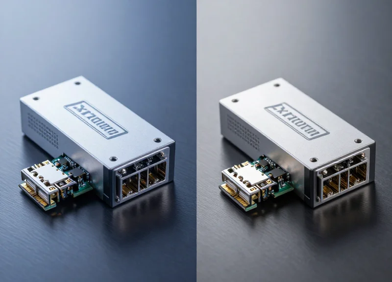 Two different high-performance fiber optic transceiver modules placed side-by-side on a dark, reflective surface with cinematic lighting.