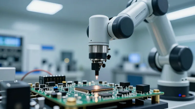 High-tech automated manufacturing of optical transceivers in a cleanroom environment.
