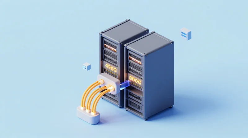 Future-Proofing Your Network with Next-Gen Modules Isometric 3D model of a modern data center architecture representing 400G and 800G technology.