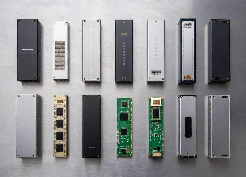 A professional flat lay of various high-tech fiber optic transceivers and SFP modules neatly arranged in a grid on a clean metallic surface.
