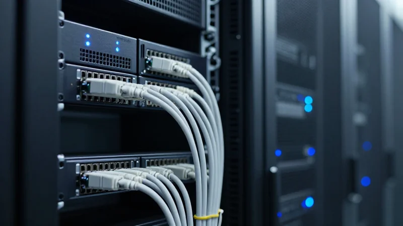 A perfectly organized server rack with custom-length cables eliminating slack and improving airflow.