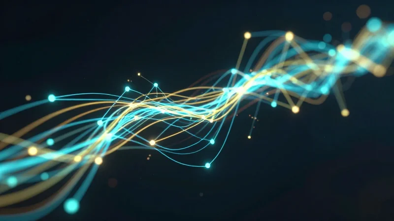 Abstract visualization of high-speed data flow with glowing nodes and light trails.