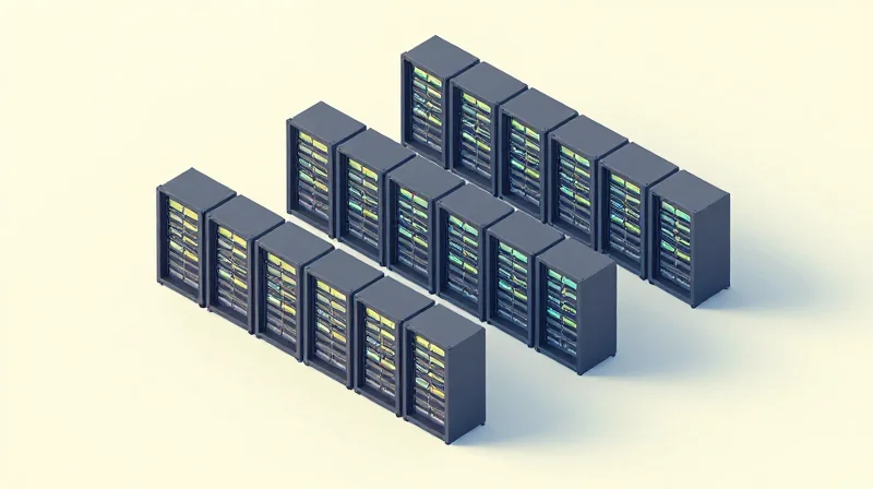 Isometric 3D model of a data center aisle showing Top-of-Rack and End-of-Row server architectures.