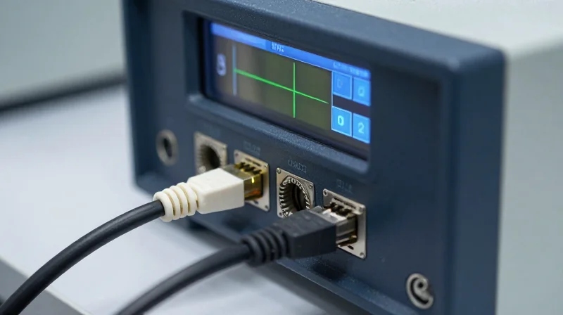 A close-up of high-speed network cables being tested with professional lab diagnostic equipment.