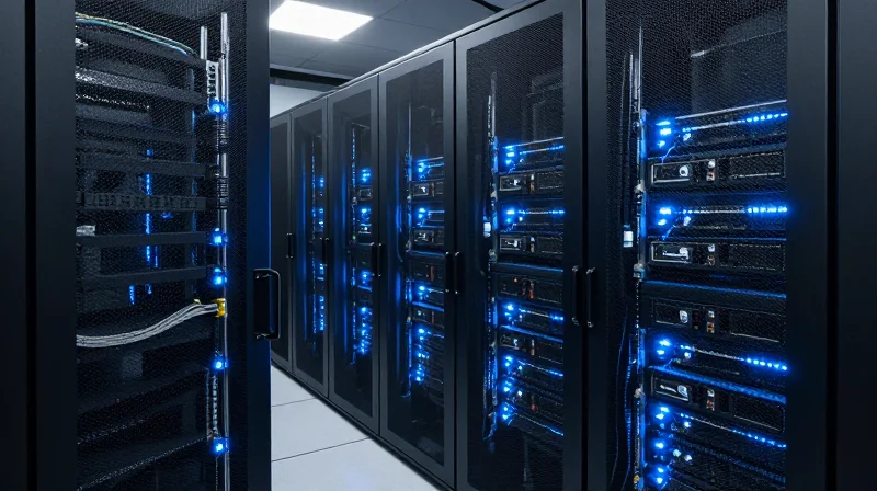 A modern data center interior with high-density server racks and neat high-speed cabling.