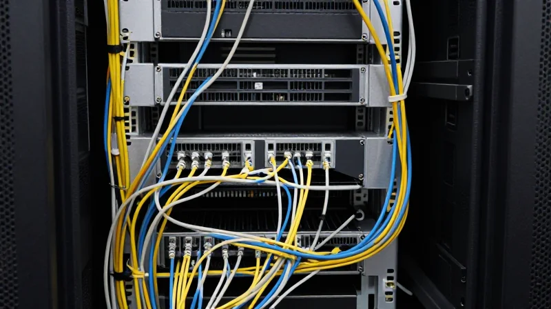 A close-up of a server rack showing messy, tangled long cables blocking ventilation.