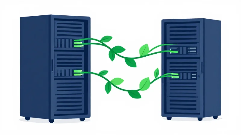 A conceptual illustration showing a data center server rack integrated with green leaves.