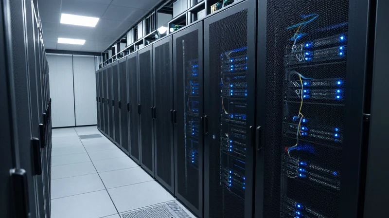The Critical Role of Custom Lengths in Modern Networking A wide shot of a modern data center with neat server racks and organized cabling under cinematic blue lighting.