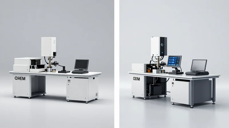 Two side-by-side manufacturing models representing OEM and ODM service approaches in a clean studio setting.