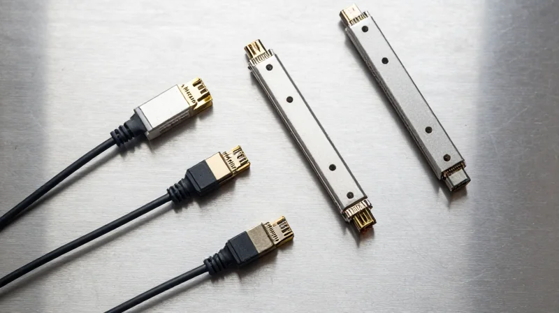 A professional flat lay of various optical components including transceivers, splitters, and fiber cables.