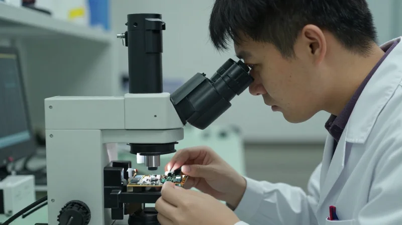 An engineer in a laboratory setting working on the design and prototyping of an optical module.