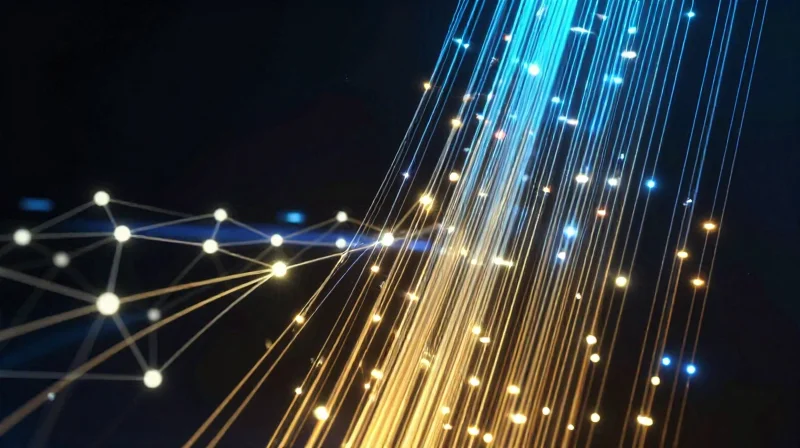 Conceptual visualization of high-speed data transmission through fiber optic channels.