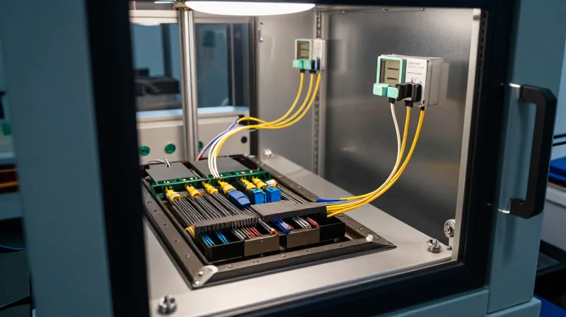 An optical component undergoing stress testing in a high-tech reliability laboratory.