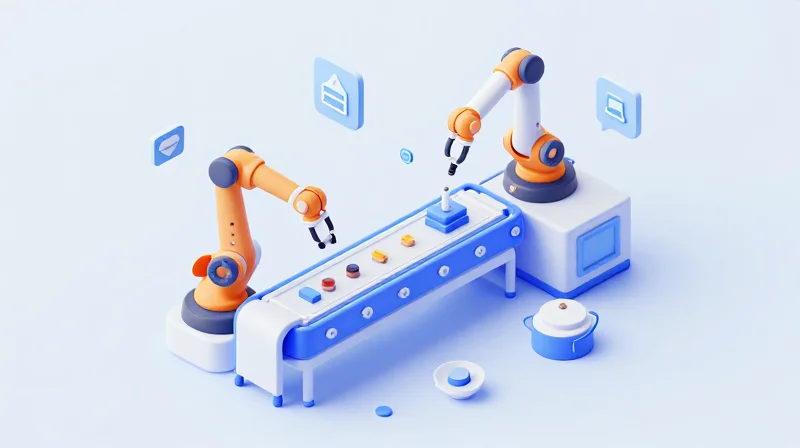 3D isometric illustration of a modern automated manufacturing line for optical component assembly.