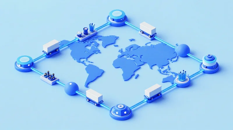 Isometric 3D model of a controlled global supply chain for optical components.
