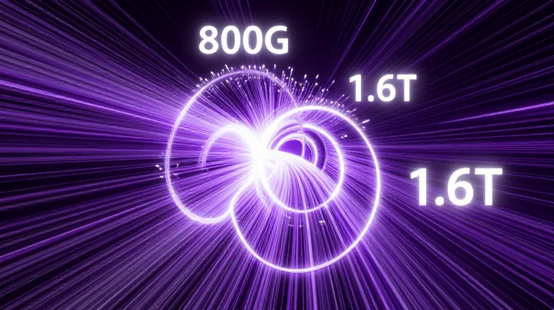 Futuristic visualization of 800G and 1.6T networking technology roadmaps.