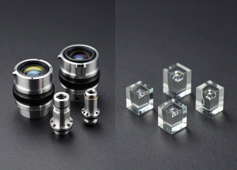 A side-by-side professional comparison layout showing high-precision custom lenses versus standard optical glass components on a clean laboratory surface.