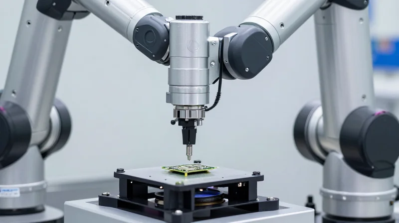 A close-up of a precision robotic arm assembling high-tech optical components on a clean production line.