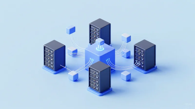 Isometric 3D model showing a modular network system with interconnected optical transceiver components.