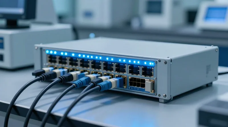 An optical transceiver module undergoing quality testing in a high-tech laboratory setting.