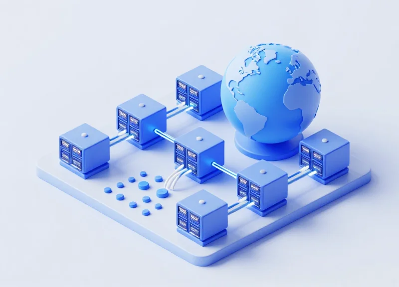 Isometric 3D model of a global fiber optic network system featuring connected modular components and glowing light trails on a clean background.